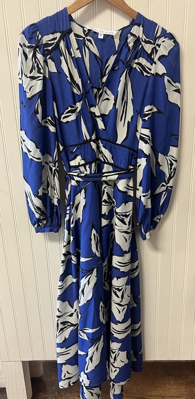 Veronica Beard Mclean Dress SZ 2 Silk Blend Floral Faux Wrap White & Blue